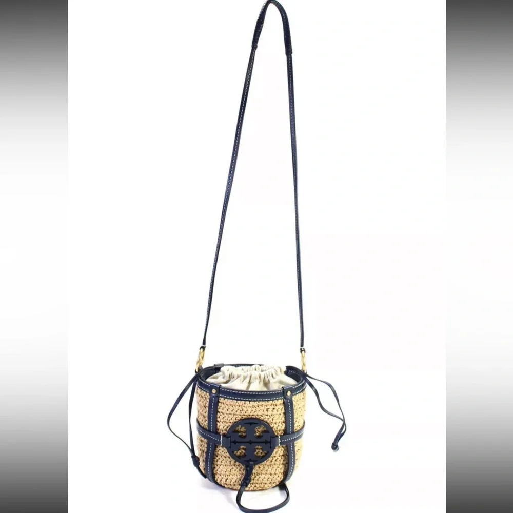 Tory Burch Leather Trim Basket Weave Drawstring Bucket Bag Blue - Picture 9 of 12